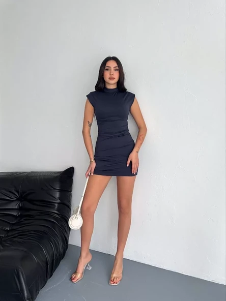 Yarım Bogazlı Kolsuz Mini Boy Elbise - Lacivert - 2