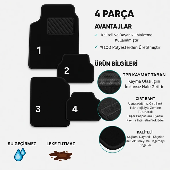 Beylini Oto Paspas Halı Kaymaz Taban Yıkanabilir Silinebilir Universal Tüm Araç ve Modellere Uyumlu Lüks Siyah TPR Taban 4 Parça Siyah - 2