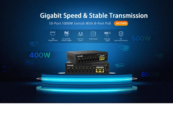 TENDA SG110PC 10PORT GIGABIT 10/100/1000 POE+ SWITCH - 2