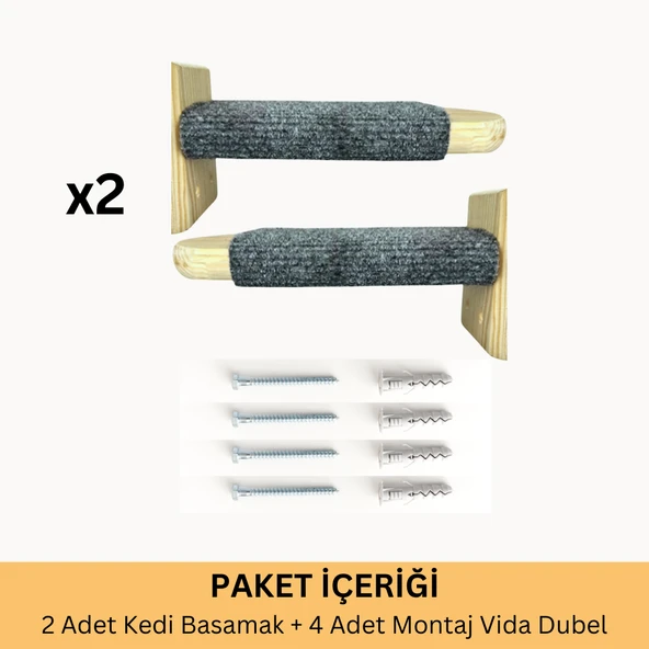 BEYLİNİ Kedi Tırmanma Merdiveni Duvara Monte 2 Li Paket Tırnaklar ve Ayak Rahatlatıcı Dekoratif %100 Ahşap - 3