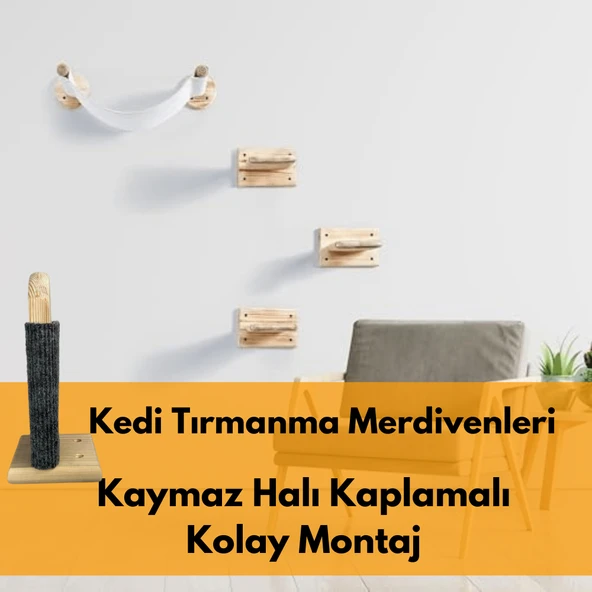 BEYLİNİ Kedi Tırmanma Merdiveni Duvara Monte 2 Li Paket Tırnaklar ve Ayak Rahatlatıcı Dekoratif %100 Ahşap - 4