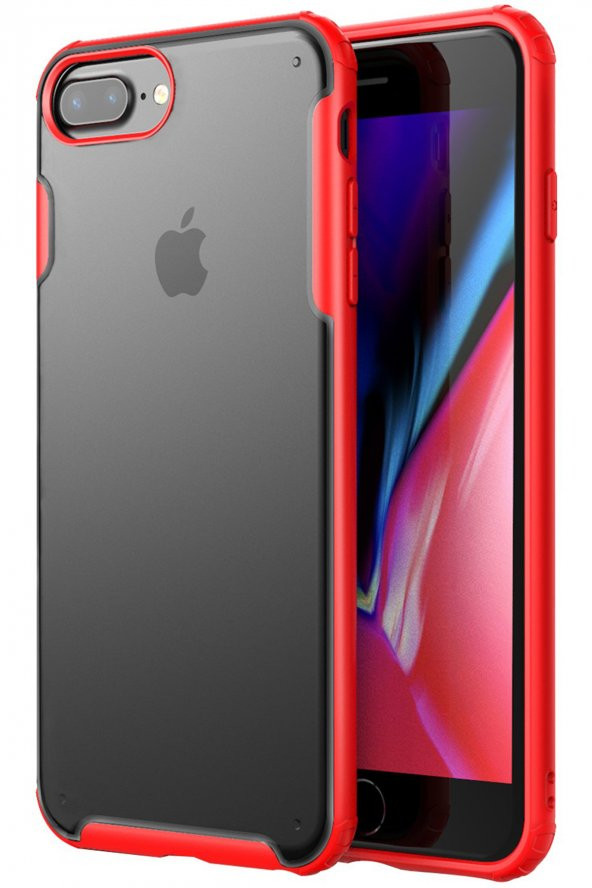 iPhone 8 Plus Kılıf Volks Arkası Buzlu Transparan Airbag Köşeli Silikon Kırmızı