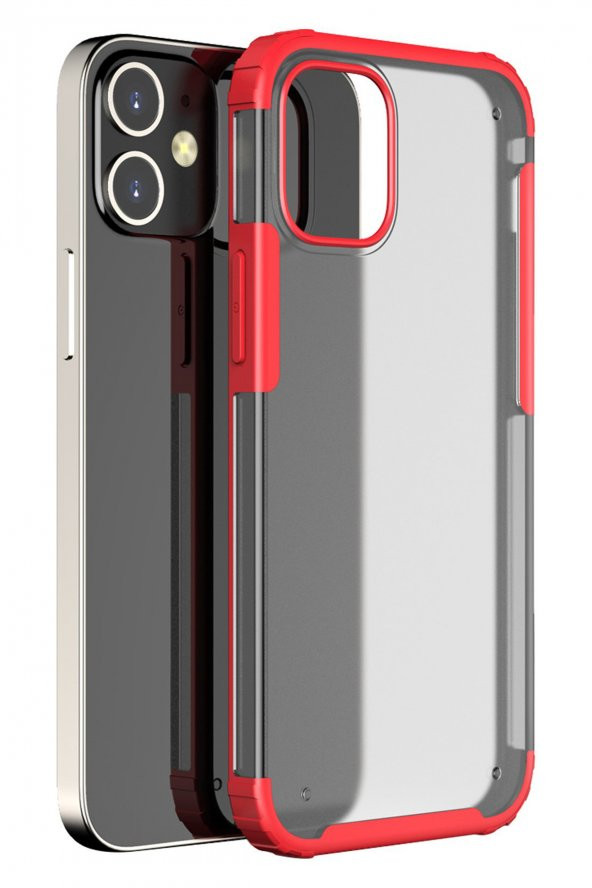 iPhone 12 Kılıf Volks Arkası Buzlu Transparan Airbag Köşeli Silikon Kırmızı