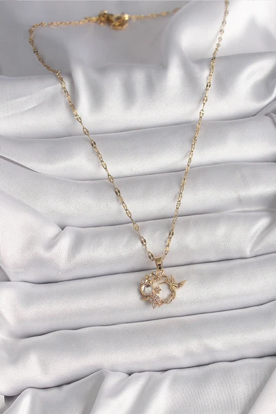 Gold Renk Zincir Zirkon Taşlı Sinek Kuşu Figür Çiçek Figür Kadın Kolye - EBJ250207W31082 - Resim 2