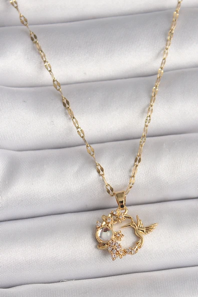 Gold Renk Zincir Zirkon Taşlı Sinek Kuşu Figür Çiçek Figür Kadın Kolye - EBJ250207W31082 ürün görseli