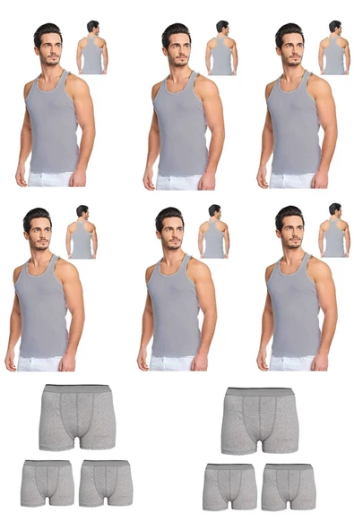 Erkek Pamuklu 6'lı Gri Sporcu Atlet ve 6'lı Gri Boxer 12 Parça Set