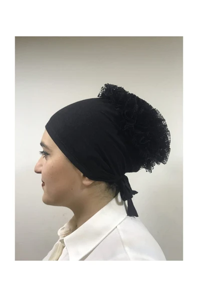 Siyah Tesettür Fırfırlı Bone - 4