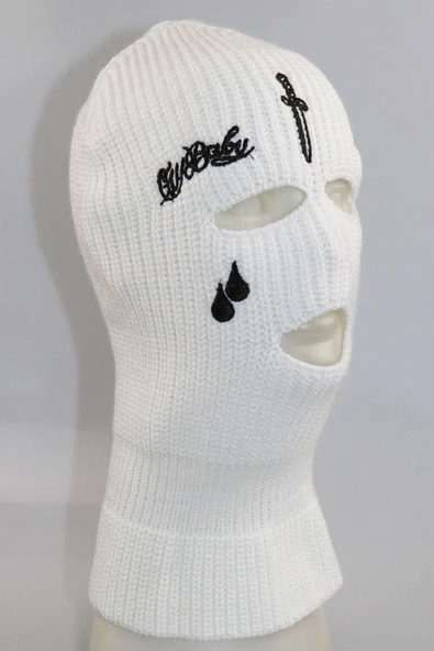 Beyaz Kılıç Nakışlı 3 Gözlü Unisex Kar Maskesi - 3