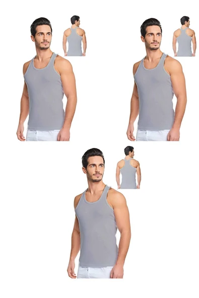 Erkek Pamuklu 3'lü Gri Sporcu Atlet ve 3'lü Gri Boxer 6 Parça Set - 2