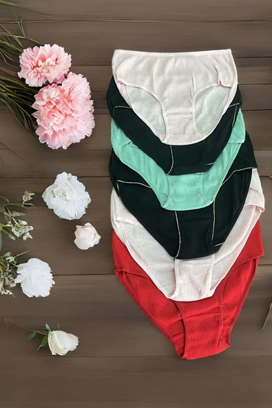 Kadın Yüksek Bel Kaşkorse Fitilli Pamuklu Bato Külot Karışık Renk 6'lı Set - 2