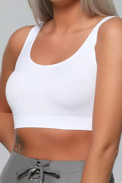 Kadın Beyaz Pedli Kalın Askılı Büstiyer Crop - 2