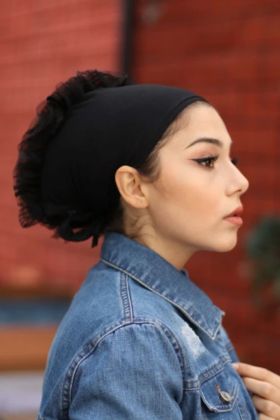 Kadın Siyah Lüks Fırfırlı Bone - 3