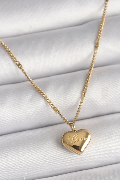 Gold Renk Zincir Love İşlemeli Kalp Figür Kadın Kolye - EBJ250207W31072 ürün görseli