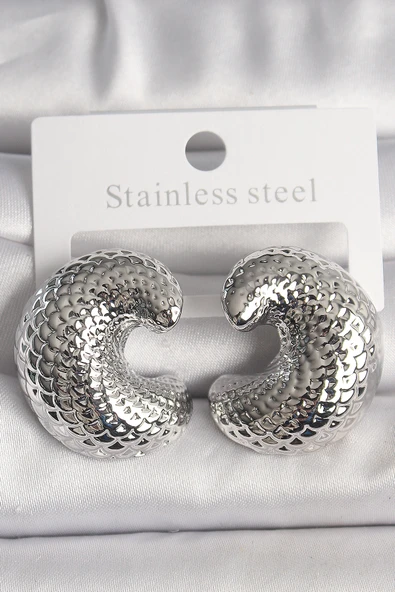 Pirinç Gümüş Renk Yılan Sırtı İşlemeli Yarım Halka Model Kadın Küpe - EBJ250207W31204 ürün görseli