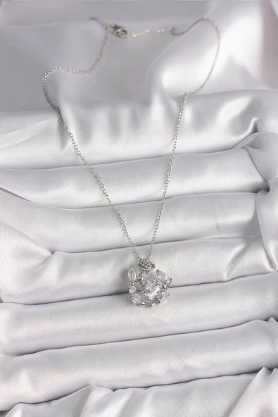 Gümüş Renk Zincir Zirkon Taşlı Kalp Figür Gül Detay Kadın Kolye - EBJ250207W31103 - Resim 2