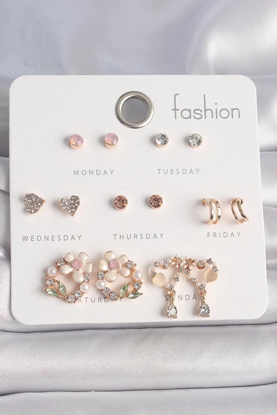 Pirinç Gold Renk Zirkon Taşlı Çiçek Kalp Figür 7 Çift Kadın Küpe Seti - EBJ250207W31213 ürün görseli