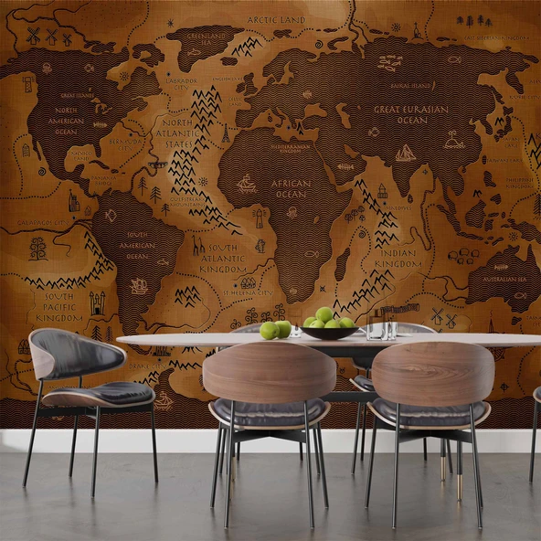 Vintage Ahşap Temalı Dünya Haritası Duvar Kağıdı - Resim 5