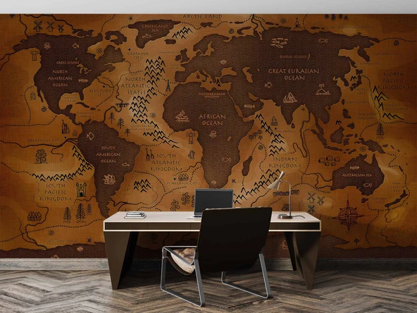 Vintage Ahşap Temalı Dünya Haritası Duvar Kağıdı - Resim 4