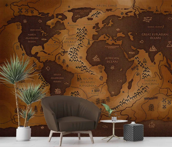 Vintage Ahşap Temalı Dünya Haritası Duvar Kağıdı - Resim 6