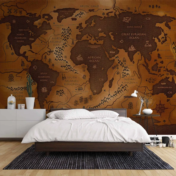 Vintage Ahşap Temalı Dünya Haritası Duvar Kağıdı - Resim 2