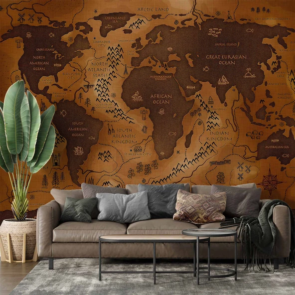 Vintage Ahşap Temalı Dünya Haritası Duvar Kağıdı ürün görseli