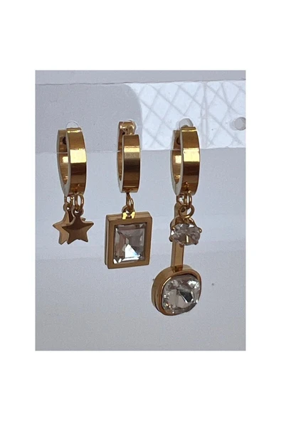 GOLD ZİRKON TAŞ 3LÜ ÇOKLU KÜPE SET TAKIM - Resim 2