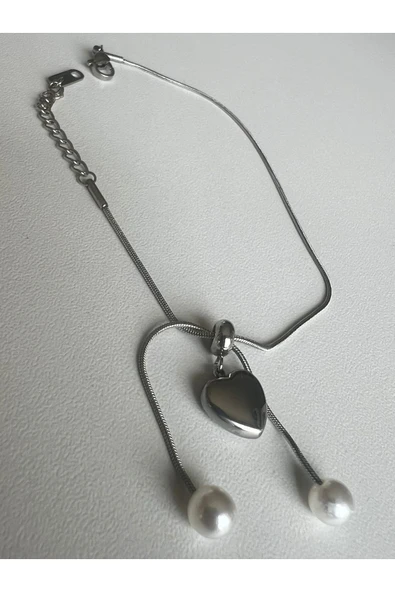 SİLVER BEYAZ İNCİLİ KALP DETAY ÇELİK BİLEKLİK BİLEZİK - Resim 2