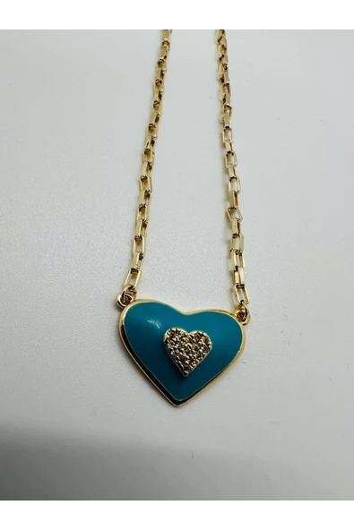 GOLD TURKUAZ TAŞLI KALP NAZAR EVİL EYE ÇELİK KOLYE