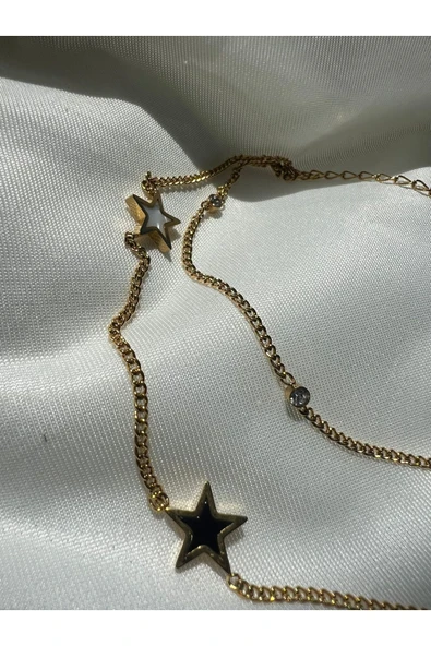 GOLD SİYAH BEYAZ YILDIZ SALLANTILI ÇİFT SIRA ÇELİK HALHAL - Resim 2