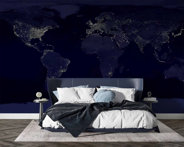 Gece Işıklarıyla Dünya Haritası Duvar Kağıdı - Resim 2