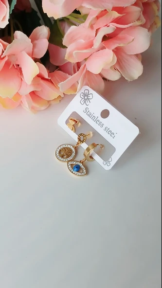 Mistik Semboller Ve Kelebekli Çelik Küpe - 4