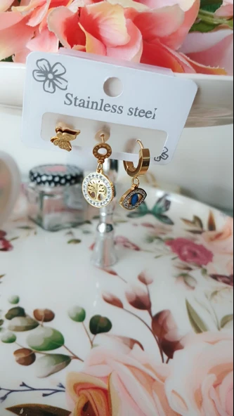 Mistik Semboller Ve Kelebekli Çelik Küpe - 3