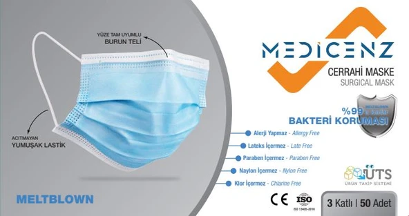 Medicenz Cerrahi Maske Beyaz 3 Katlı 50 adet (ÜTS Kayıtlı)
