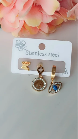 Mistik Semboller Ve Kelebekli Çelik Küpe - 2