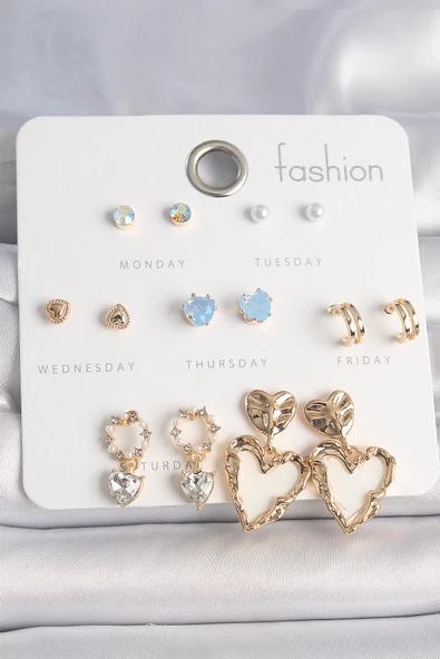 Pirinç Gold Renk Zirkon Taşlı Sallantı Beyaz Sedefli Kalp Model 7 Çift Kadın Küpe Seti - EBJ250207W31210 ürün görseli