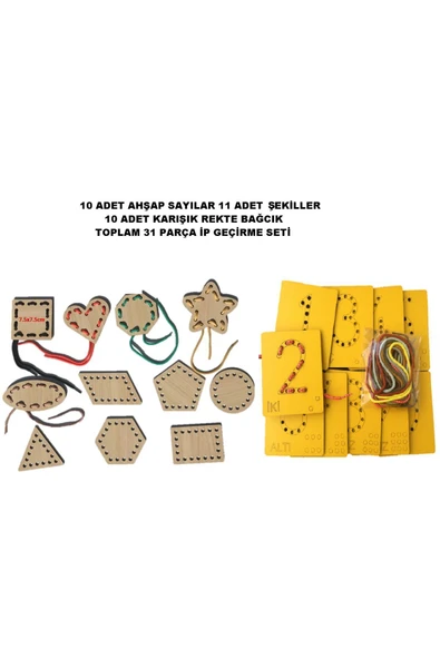 Trendy Toys Eğitici Ahşap Sayılar ve Şekiller Ip Geçirme  El Kası Geliştirme