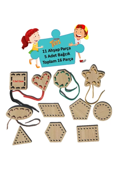 Trendy Toys Eğitici Ahşap Şekiller Ip Geçirme Montessori El Kası Geliştirme