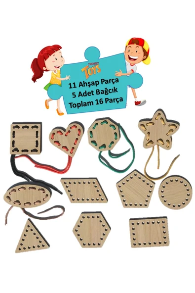 Trendy Toys Eğitici Ahşap Şekiller Ip Geçirme Montessori El Kası Geliştirme - 3