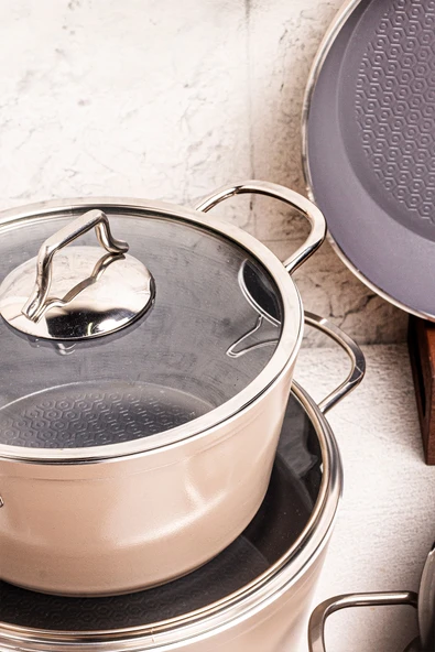 Mango Kitchen Majestic Crystal 7 Parça Granit Tencere Seti Bej Mastercook Yapışmaz Tencere Tava Seti - 5