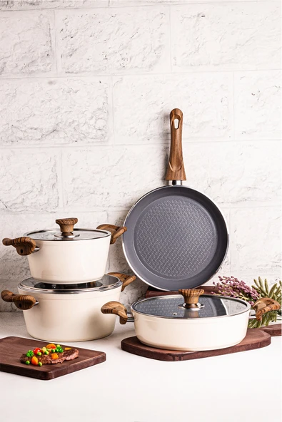 Mango Kitchen Aqua Crystal - 7 Parça Granit Tencere Seti Krem Mastercook Yapışmaz Tencere Tava Seti - 2