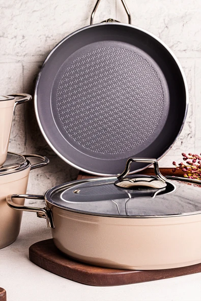 Mango Kitchen Majestic Crystal 7 Parça Granit Tencere Seti Bej Mastercook Yapışmaz Tencere Tava Seti - 4