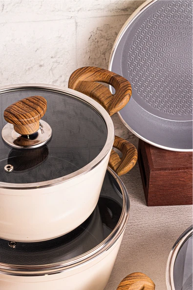 Mango Kitchen Aqua Crystal - 7 Parça Granit Tencere Seti Krem Mastercook Yapışmaz Tencere Tava Seti - 5