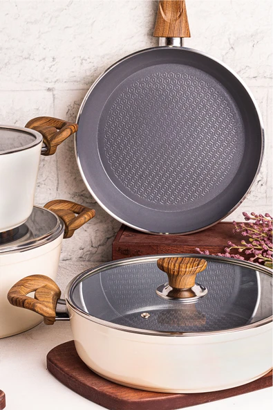 Mango Kitchen Aqua Crystal - 7 Parça Granit Tencere Seti Krem Mastercook Yapışmaz Tencere Tava Seti - 3