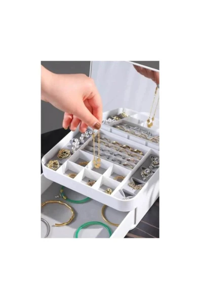 KENAN KAYA Çekmeceli Aynalı Çok Bölmeli Makyaj Takı Organizeri Otomatik Açılan Aynalı - 7