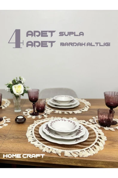 KENAN KAYA 4-Adet Bohem Jüt Supla Amerikan Servis Bardak Altlığı Seti (8 Parça) - 2