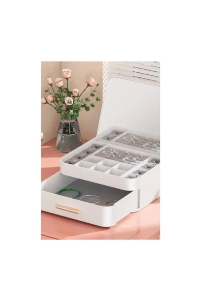 KENAN KAYA Çekmeceli Aynalı Çok Bölmeli Makyaj Takı Organizeri Otomatik Açılan Aynalı - 3