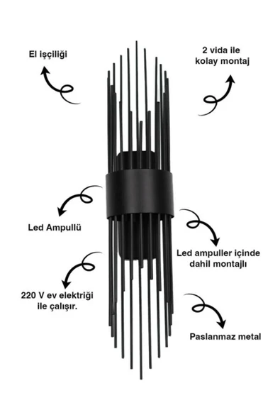 homecraft 2 Adet Modern  Duvar Aplikleri Duvar Aplik Aydınlatma  Led Ampülleri Dahil Duvar Lambası - 6