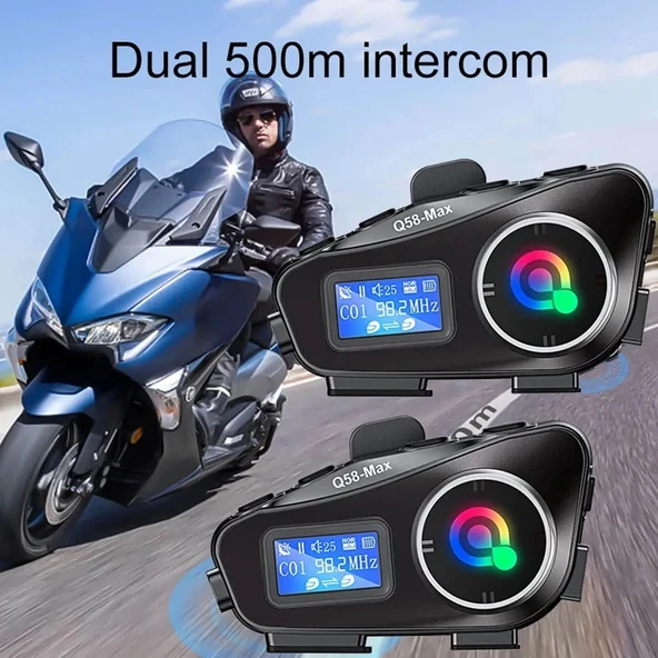2 ADET Q58-MAX Radyolu Telsiz Özellikli 2 Kişi Bağlantılı Bluetooth Kask Kulaklık Ekranlı Fenerli Müzik ve Intercom - 2