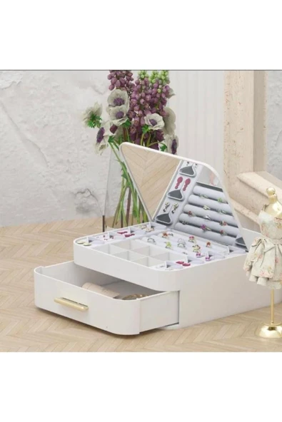 KENAN KAYA Çekmeceli Aynalı Çok Bölmeli Makyaj Takı Organizeri Otomatik Açılan Aynalı - 2