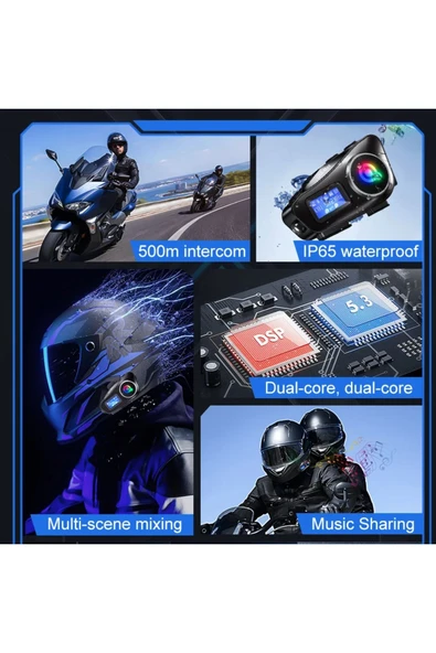 2 ADET Q58-MAX Radyolu Telsiz Özellikli 2 Kişi Bağlantılı Bluetooth Kask Kulaklık Ekranlı Fenerli Müzik ve Intercom - 5